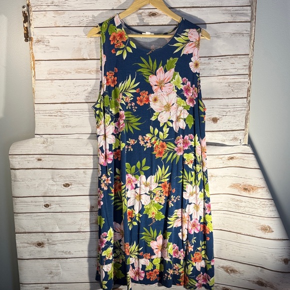 J. Jill Dresses & Skirts - J.Jill Sleeveless Midi Blue Dress with Tropical Floral Design XL